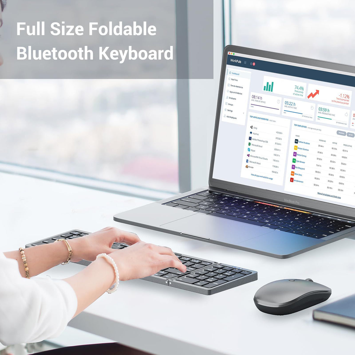 Wireless foldable Bluetooth keyboard with number pad, portable compact design, ideal for travel and kids' musical toy use.