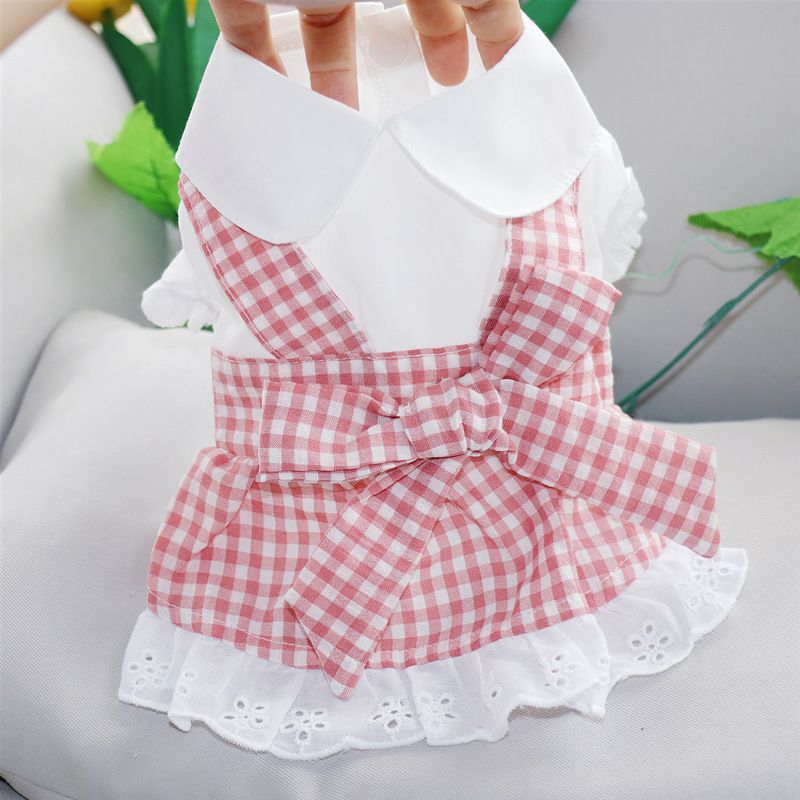 Cute plaid princess dress for small dogs and cats with bowknot and lace trim, perfect for puppy and kitty apparel.