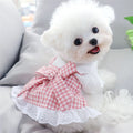 Cute plaid puppy and kitten princess dress with bowknot, lace trim, and skirt, perfect for small dogs and cats, size S.