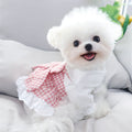 Cute puppy and kitten princess dresses with plaid skirts, lace trim, and bowknot details in a sweet, colorful doggie and cat apparel style.