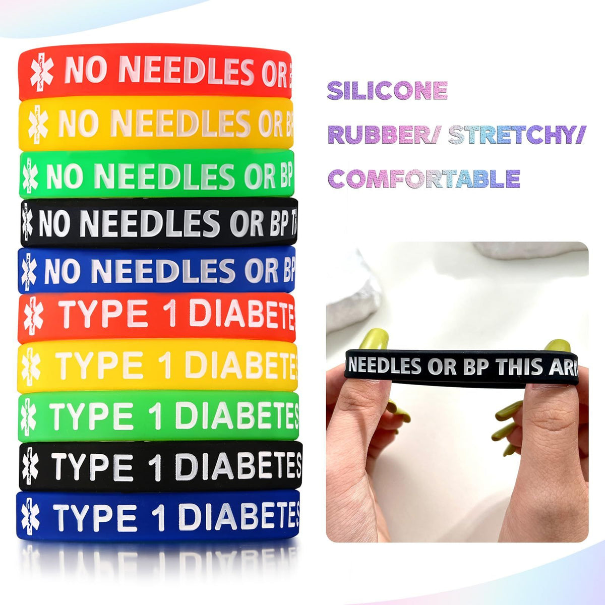 10-pack Rubber Silicone Sport Medical Emergency ID Bracelets for men, women, and kids, with adjustable wristbands for safety.