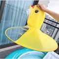 Yellow toddler raincoat with duck design and matching umbrella hat for kids, waterproof and playful for outdoor pretend play.