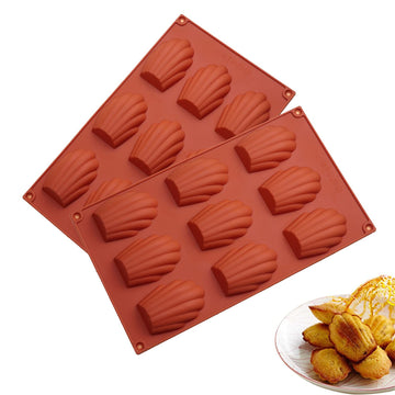 9 Cavity Madeleine Pan, 2Pcs Nonstick Silicone Madeleine Molds, Shell Shape Baking Cake Mold Pan(Brick red)