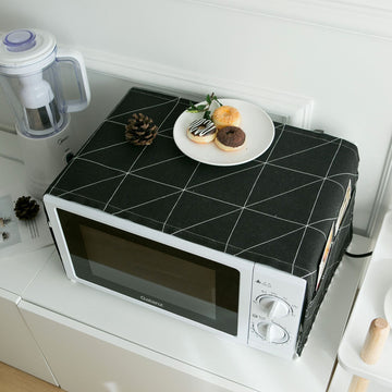Cotton Linen Microwave Oven Cover Dust Oil Proof Cloth with Storage Pockets Kitchen Toaster Appliance Protector(Black Chessboard)