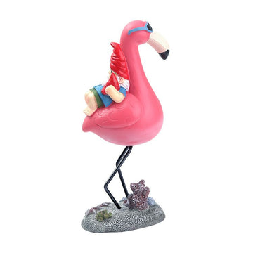 Resin outdoor garden gnome riding a flamingo statue, fun lawn decor for patio or garden, decorative home sculpture.