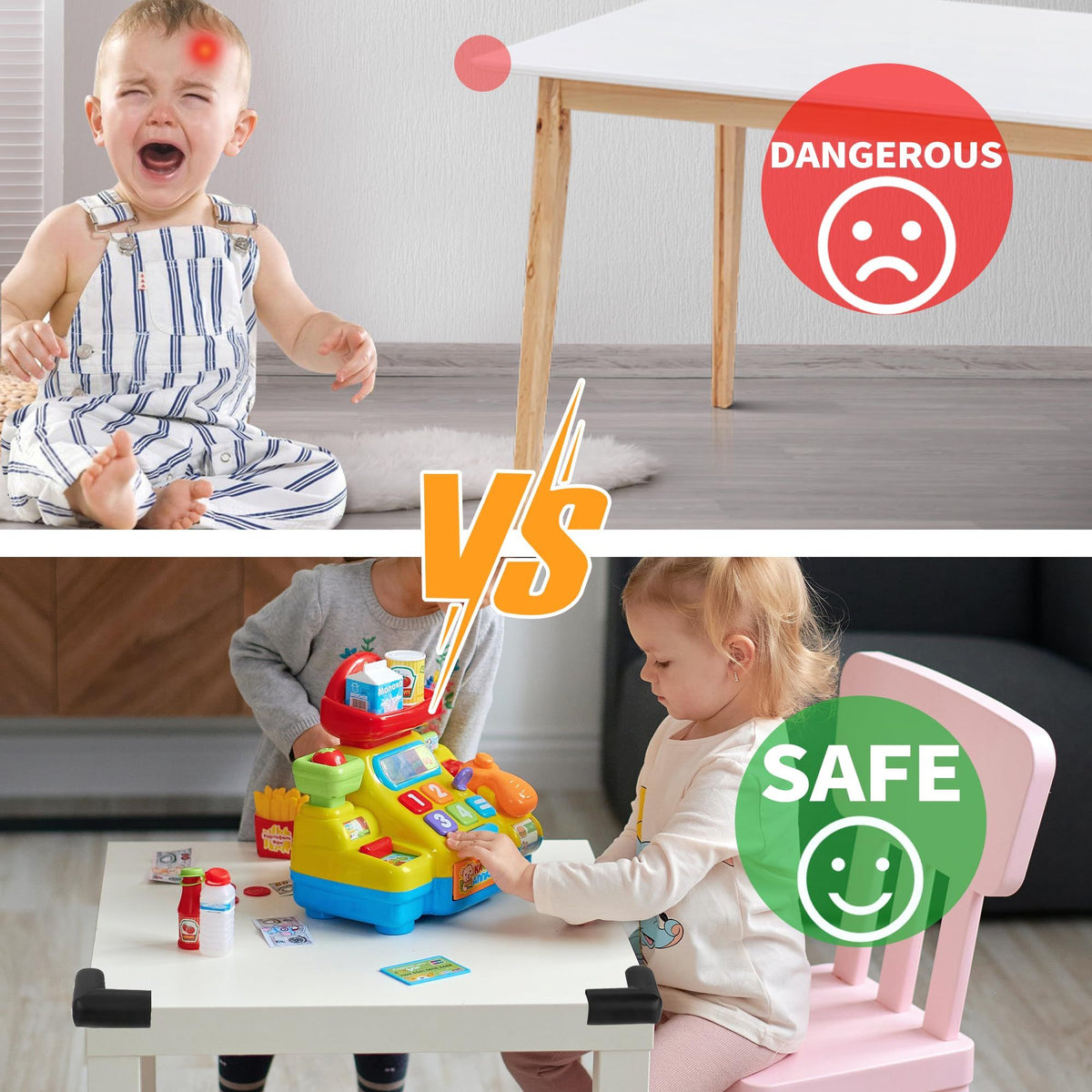 Black baby corner protector from Everything Baby, soft foam guard for table edges and crib corners to baby-proof furniture.