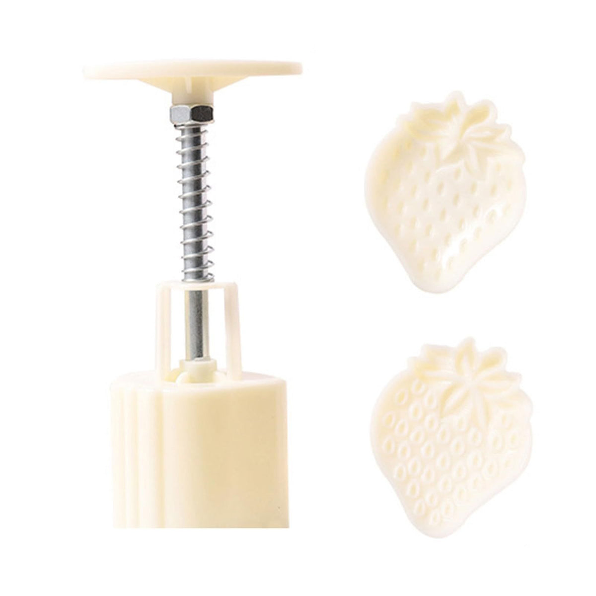 Plastic strawberry pattern mooncake mold for baking, used for traditional celebrations, part of pretend play toy set.