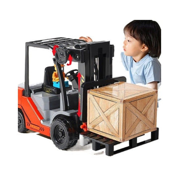Imported toy forklift truck for kids with friction-powered wheels and manual lifting control, designed for indoor and outdoor play.