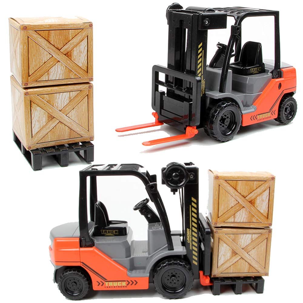 Kids' toy forklift truck with friction-powered wheels and manual lifting control, suitable for warehouse role-play.