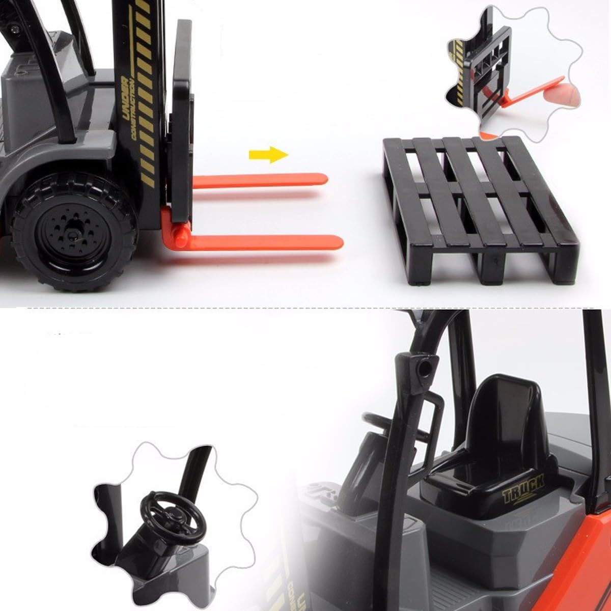 Baby and kids' friction-powered forklift toy with manual lifting, featuring realistic warehouse vehicle details for active play.