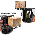 Kids ride-on toy forklift truck with friction-powered wheels and manual lifting control for warehouse play, by Everything Baby.
