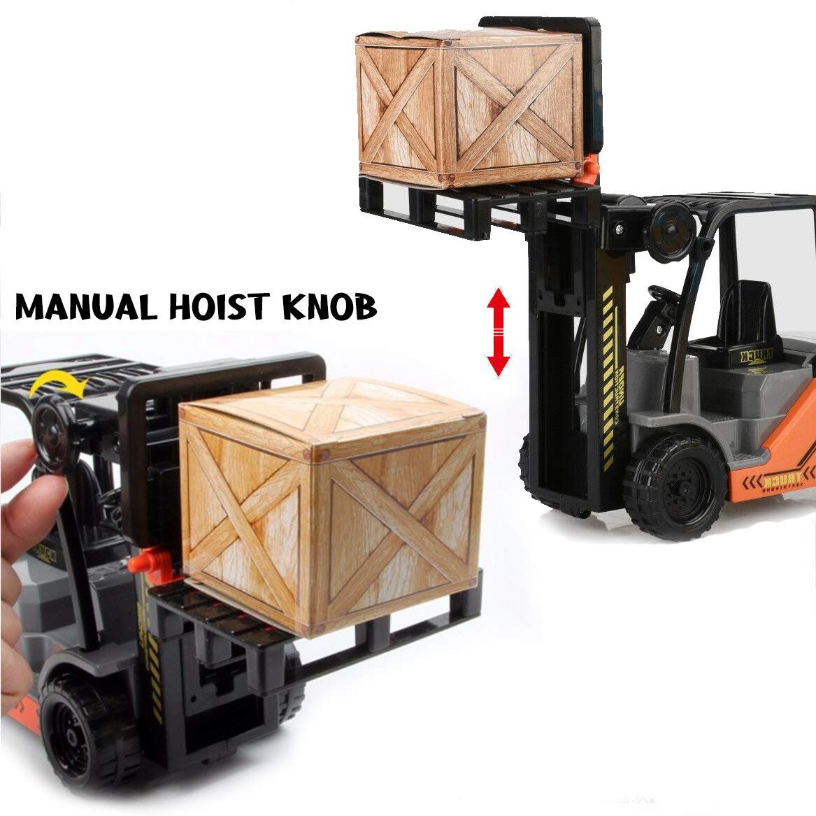 Kids ride-on toy forklift truck with friction-powered wheels and manual lifting control for warehouse play, by Everything Baby.