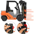 Kids' blue toy forklift truck with friction-powered wheels and manual lifting control, designed for children’s play and warehouse role-play.