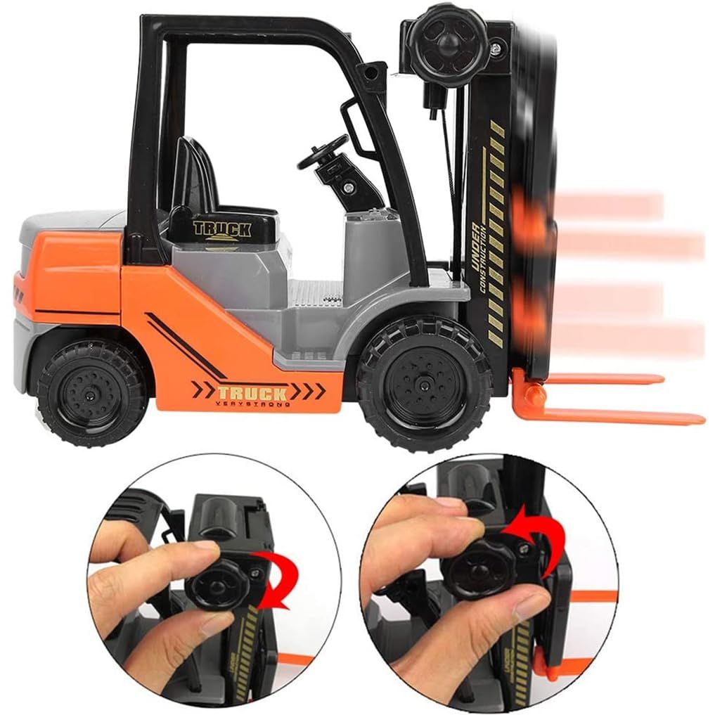 Kids' blue toy forklift truck with friction-powered wheels and manual lifting control, designed for children’s play and warehouse role-play.