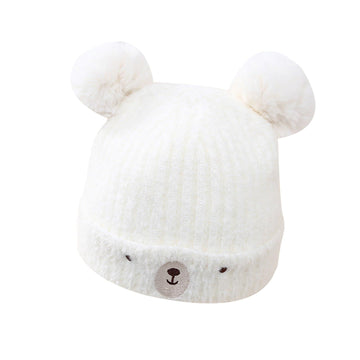 Toddler girls and boys winter knit hats with bear double bobbles, set of 2, soft warm toddler baby winter caps by Everything Baby