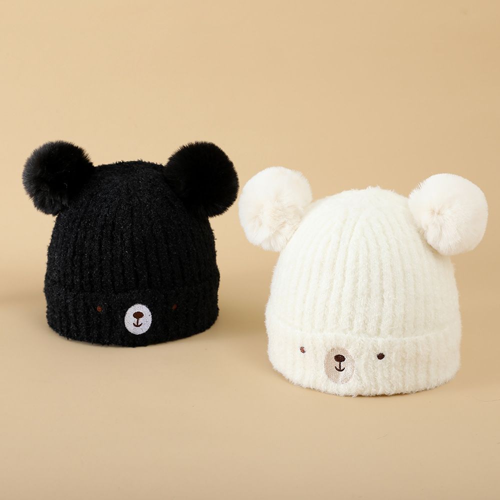 Toddler girls and boys winter knit hats with bear double bobbles, soft and warm, set of 2 by Everything Baby, suitable for cold weather.