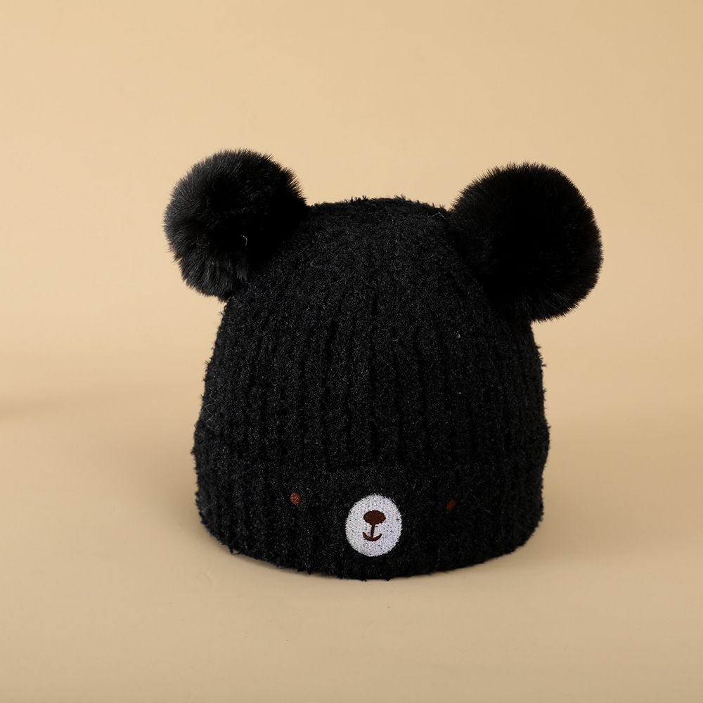 Toddler girls and boys knit winter hats with bear double bobbles, set of 2, soft and warm for cold weather.