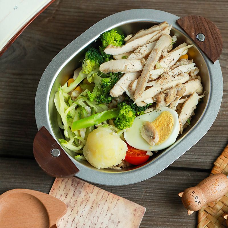 Stainless steel camping bowl with handles, perfect for kids' pretend play, serving ramen, pasta, or snacks during camping adventures
