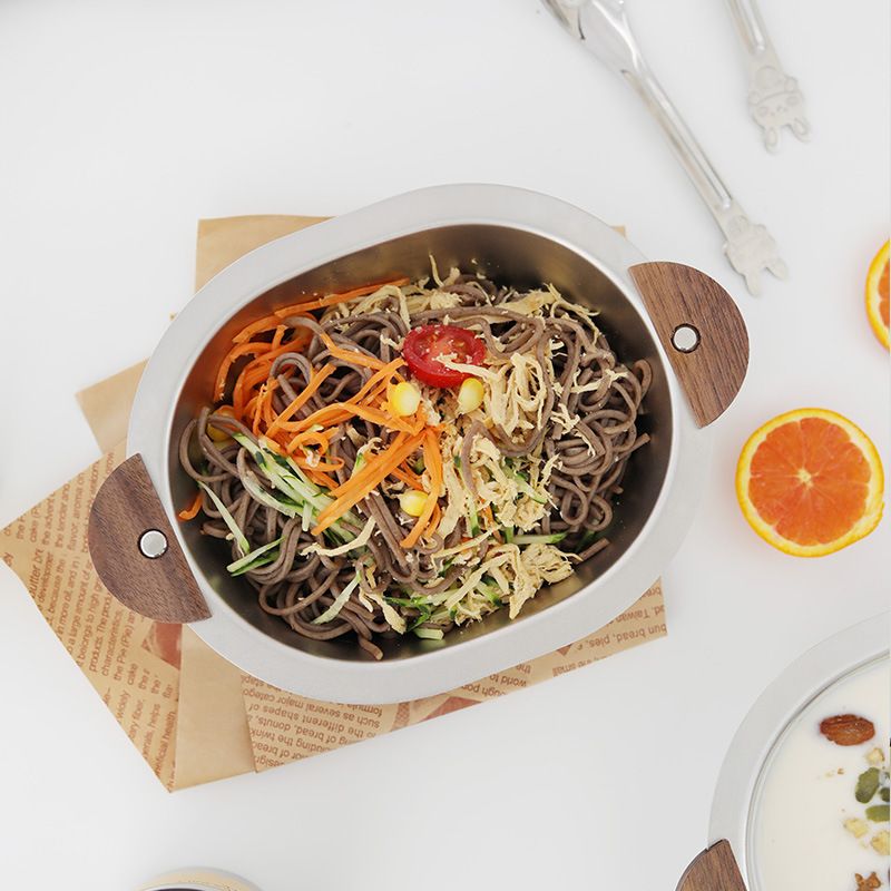 Stainless steel camping bowl with handles, used for ramen, pasta, salad, or cereal, unbreakable dinnerware for kids.