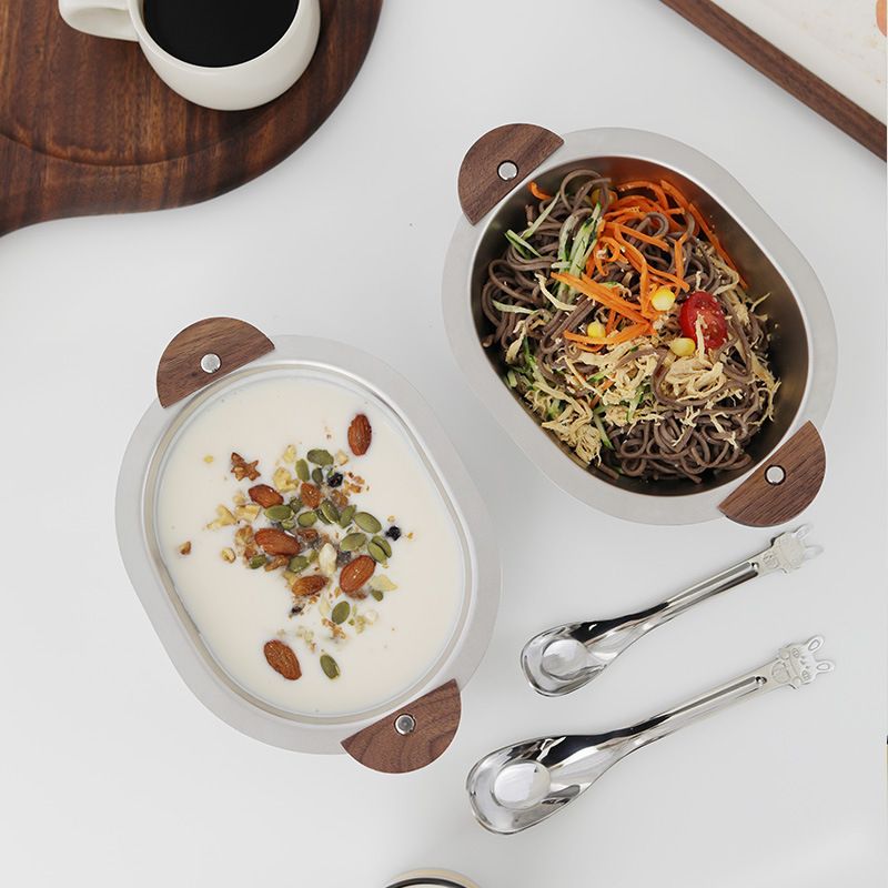 Stainless steel camping bowl with handles for kids, ideal for ramen, pasta, salad, soup, cereal, and chips during outdoor meals