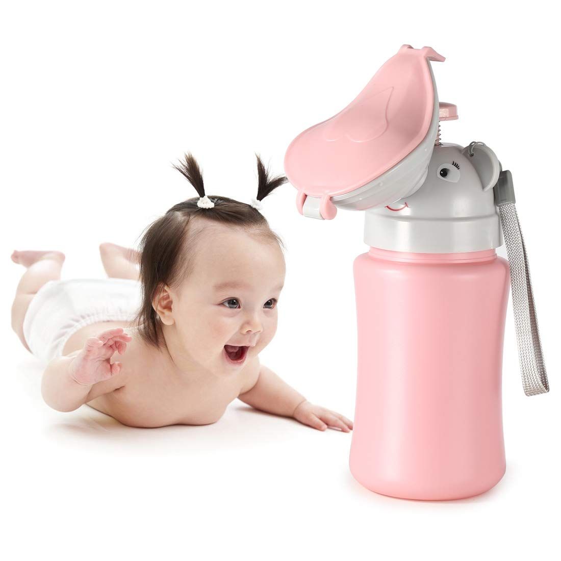 Portable travel urinal for kids, pink potty cup for girls, ideal for camping, car travel, and potty training emergencies.