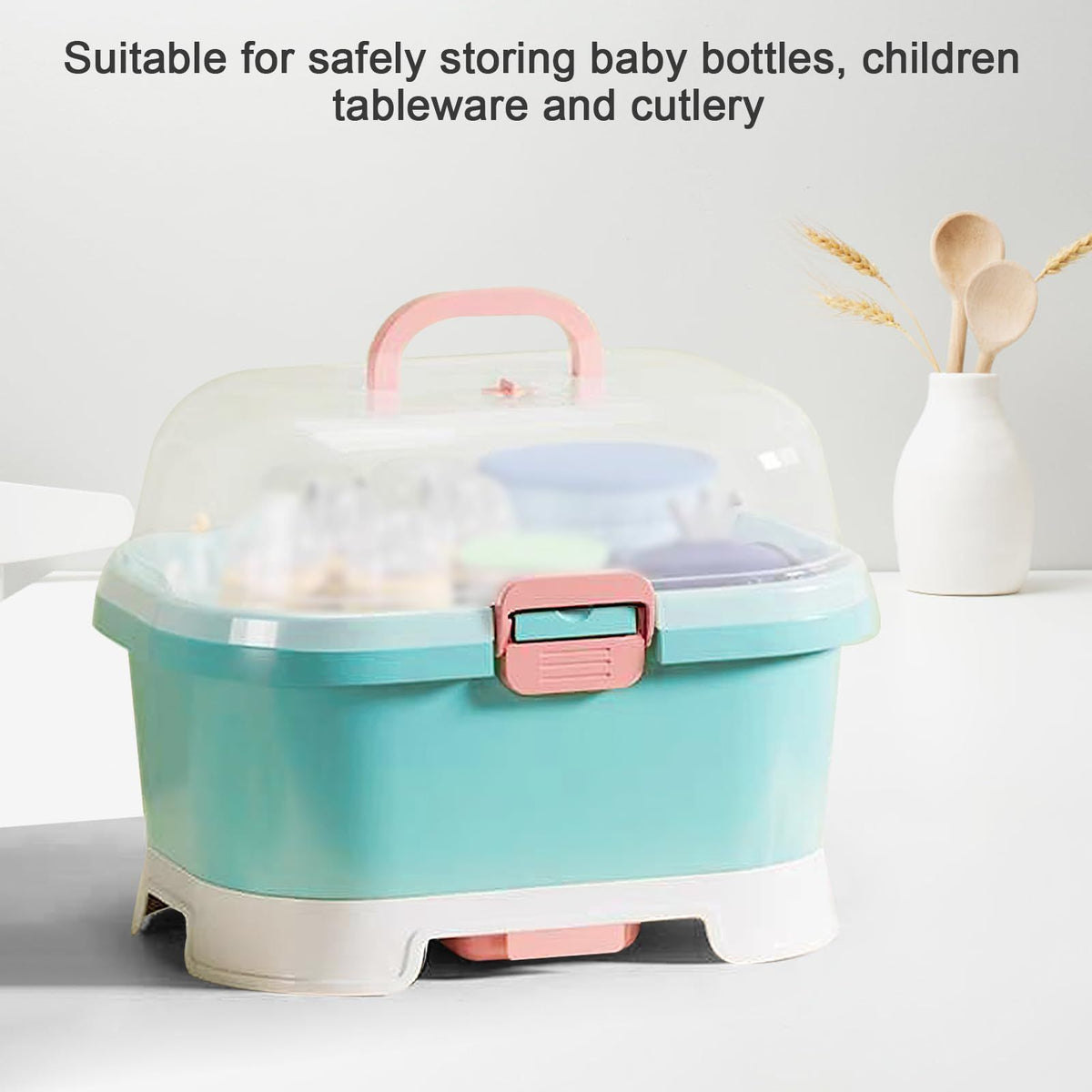 Portable baby bottle holder with lid, large capacity toddler storage box, dust protection, and cutlery compartment for baby and kids.