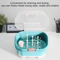 Portable baby bottle holder and storage box with lid, anti-dust cover, and cutlery compartments for toddler bottles and toys.
