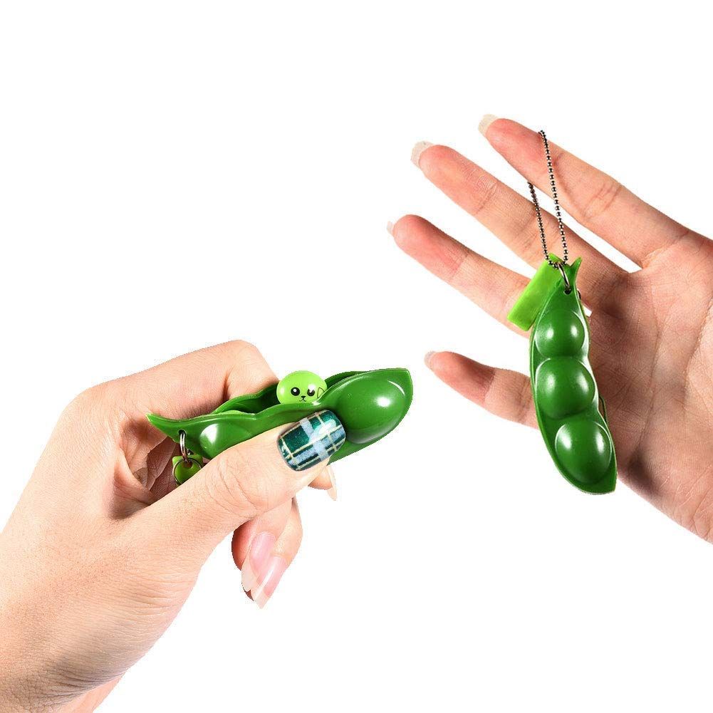 Green Squeeze-a-Bean Soybean stress relief toy set by Everything Baby, playful keychain charms for mobile phones and keys.