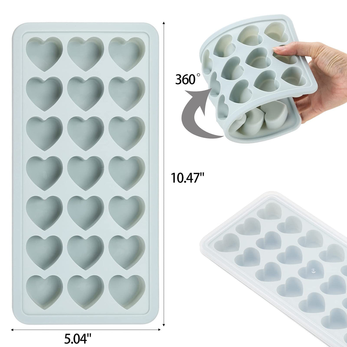 Silicone heart-shaped ice cube tray with lid from Everything Baby, 21-cavity mold for ice cubes, gelatine, or baby feeding.
