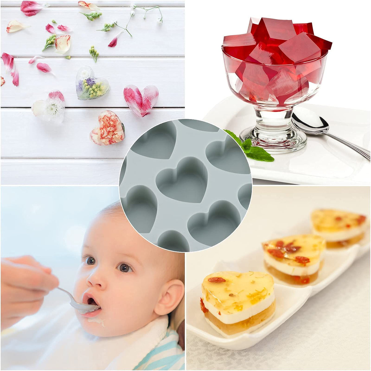 Silicone heart-shaped ice cube tray with lid, 21-cavity mold for ice cubes and gelatine, designed for baby and kids feeding.