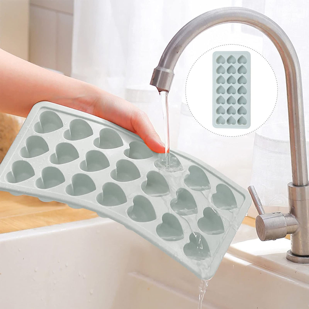 Silicone heart-shaped ice cube tray with lid, 21-cavity mold for ice cubes and gelatine, designed for easy release and cleaning.