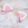 Baby girl cat ears hair clips and bow barrettes in pink and white, alligator clips for toddler and teen hair accessories.