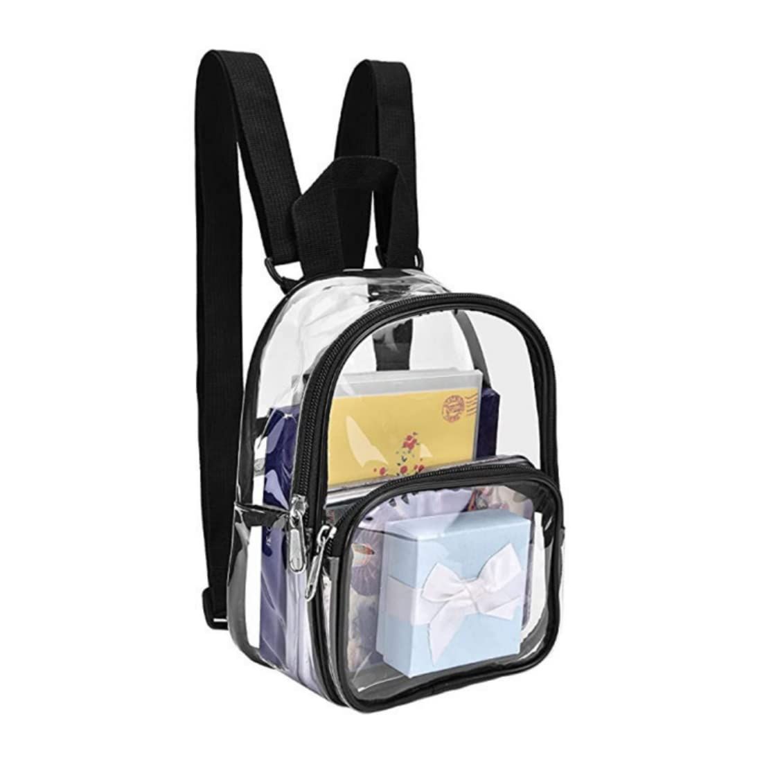 Black mini waterproof backpack for girls, stadium approved, suitable for sports, festivals, and outdoor events.