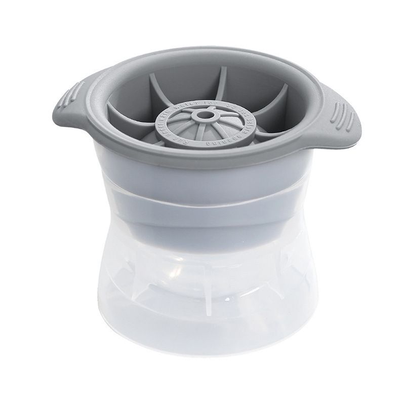 Blue and grey reusable silicone ice cube molds tray with giant spherical ice balls for whiskey, suitable for baby and kids feeding.