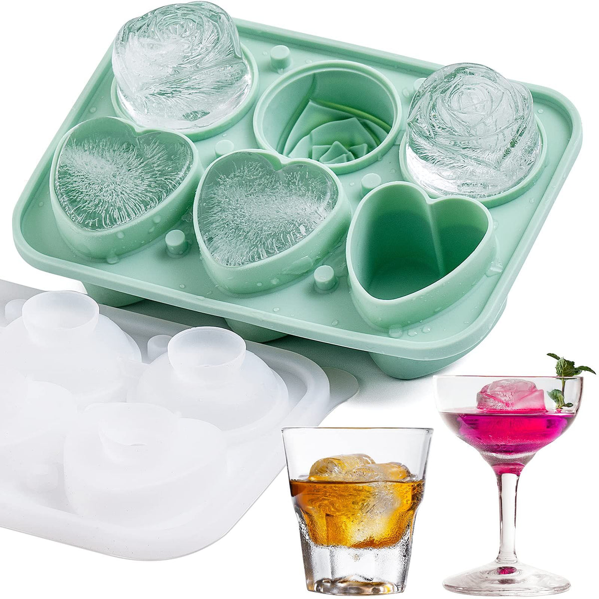 Silicone ice cube tray with 3 rose and 3 heart-shaped molds, clear lid, in green, designed for creative freezing.
