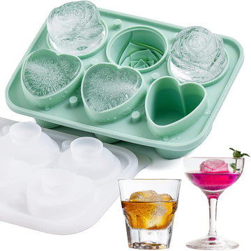 Silicone ice cube tray with 3 rose and 3 heart-shaped molds, clear lid, in green, designed for creative freezing.