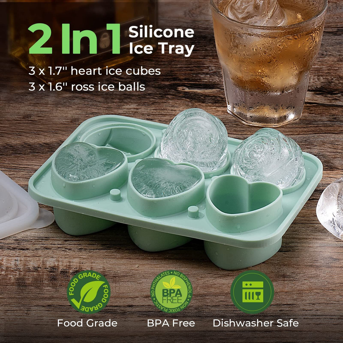 Silicone ice cube tray with 3 rose and 3 heart-shaped molds, clear funnel lid, ideal for novelty ice cubes, by Everything Baby