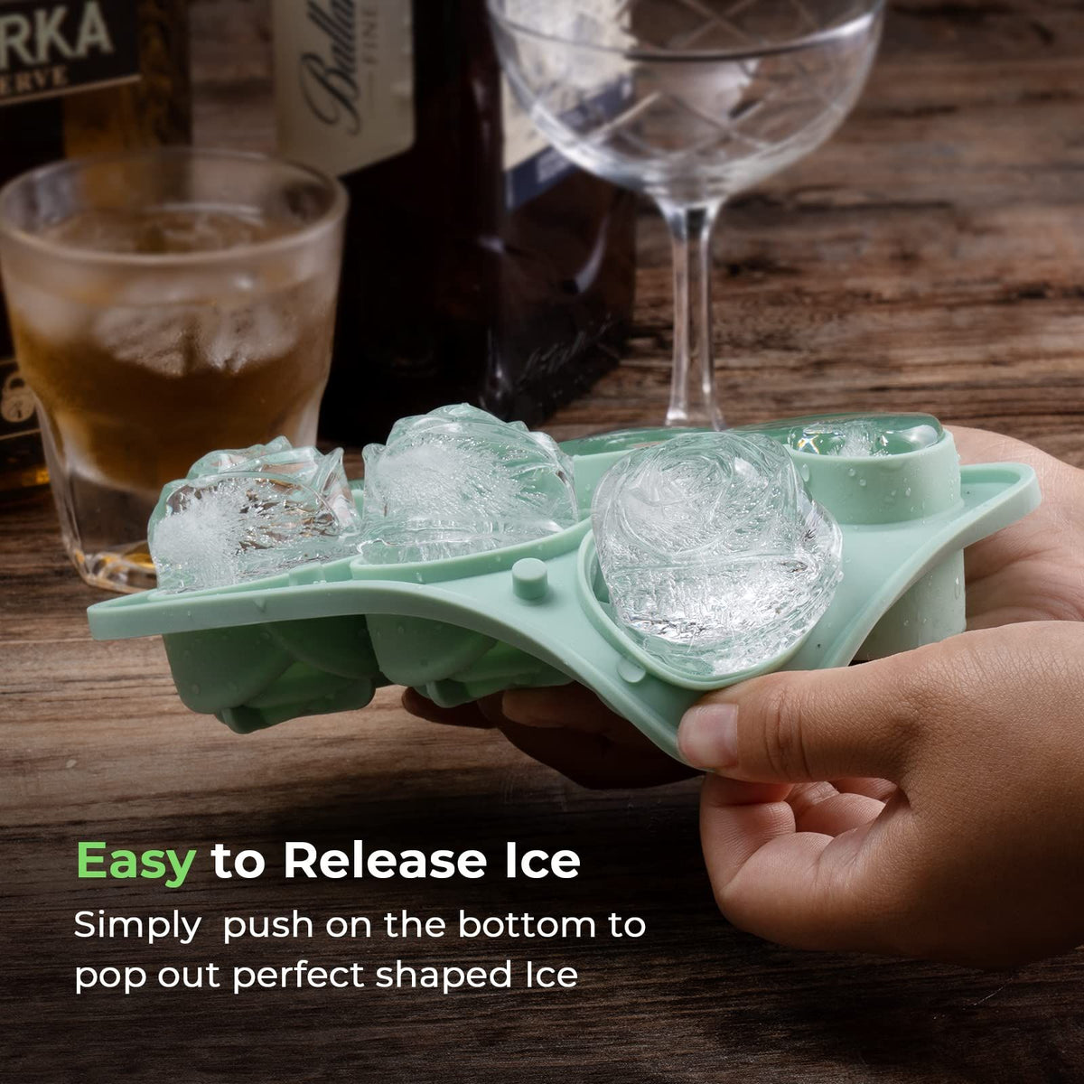 Silicone ice cube tray with six rose and heart-shaped molds, clear funnel lid, ideal for creative ice or baby feeding accessories