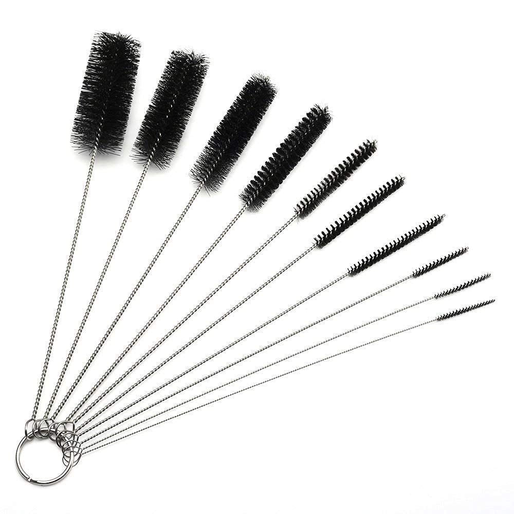 Set of 10 baby bottle and straw cleaning brushes, including nylon tube brushes, for sippy cups, tumblers, and water bottles.