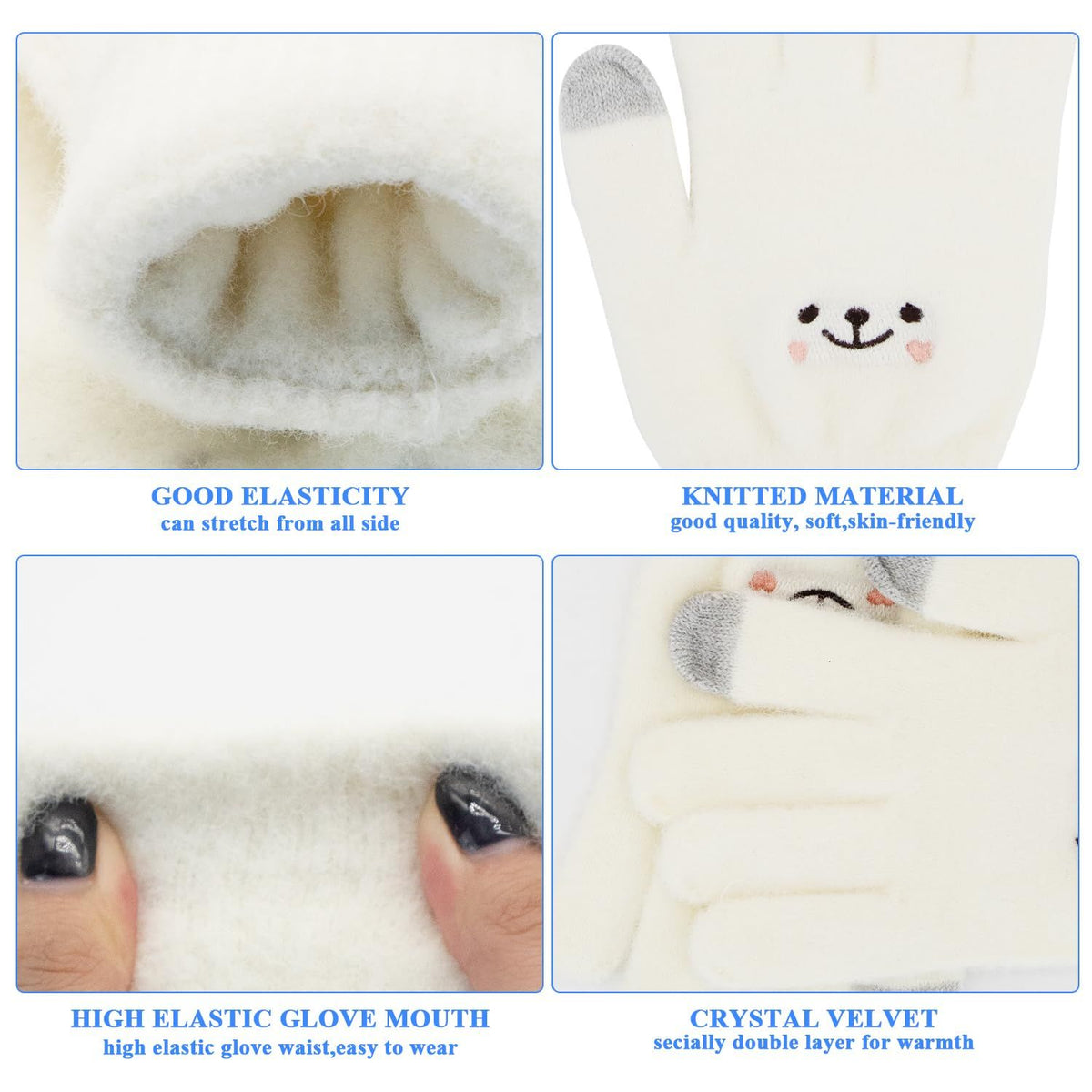 Baby and kids warm touchscreen gloves with cartoon embroidery, knitted, cold-proof, and skin-friendly for cycling and outdoor wear.