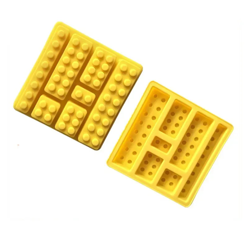 Silicone building block-shaped ice cube and candy mold for kids, featuring multi-size blocks for chocolate, cake, and snacks.