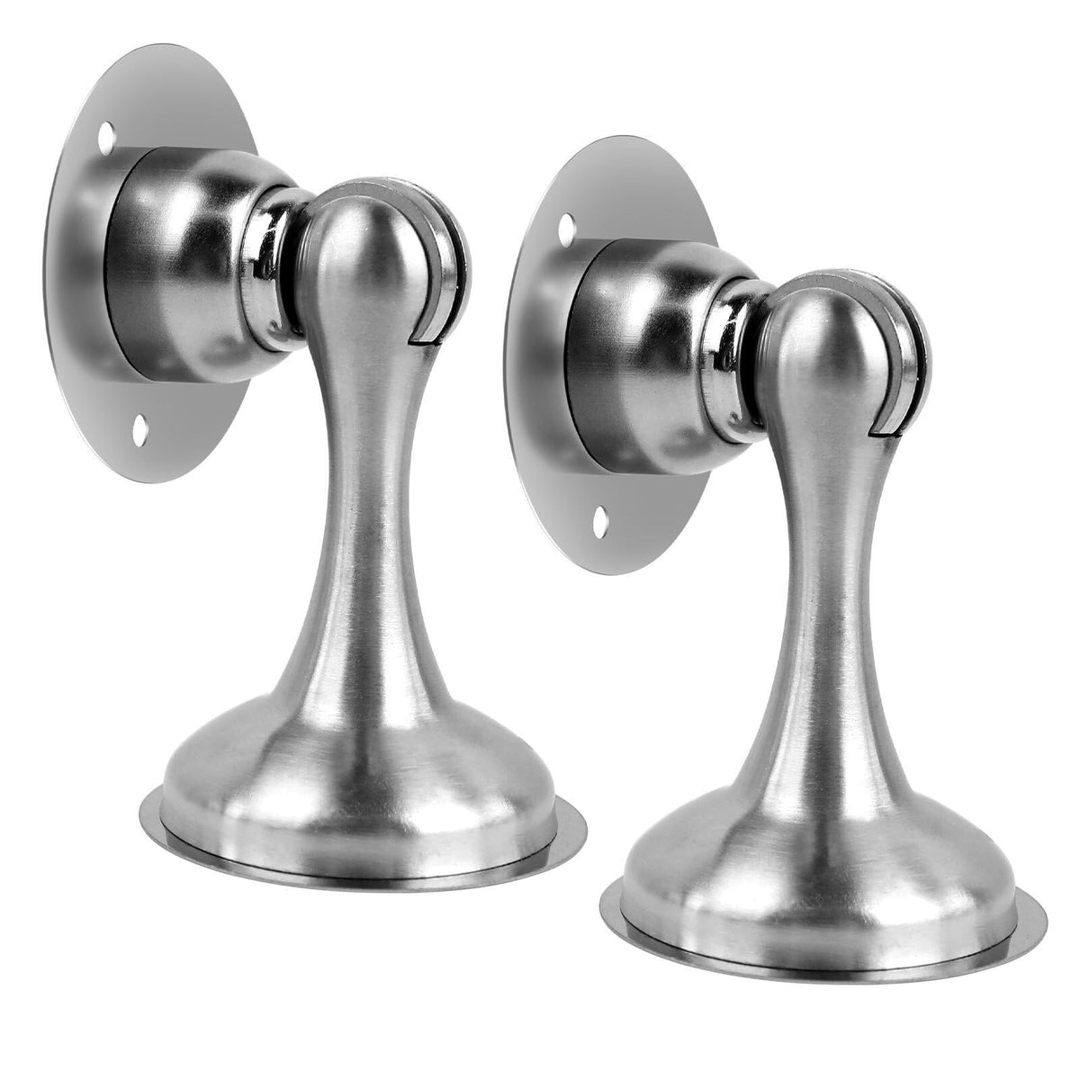 Stainless steel magnetic door stoppers for wall and floor mounting, keeps doors open securely, suitable for home use.
