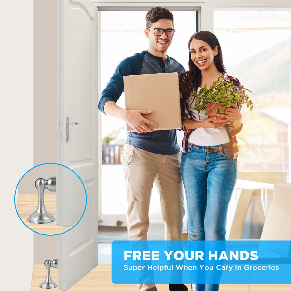 Two stainless steel magnetic door stoppers from Everything Baby, wall and floor mounted, for holding doors open.