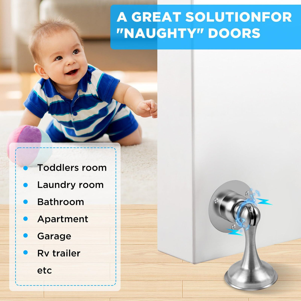 Stainless steel magnetic door stoppers from Everything Baby, wall or floor mounted, keeps doors open safely.