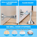 Stainless steel magnetic door stoppers for wall and floor mounting, designed to keep doors open, by Everything Baby.