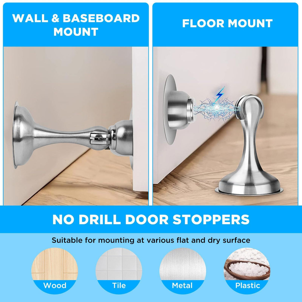 Stainless steel magnetic door stoppers for wall and floor mounting, designed to keep doors open, by Everything Baby.