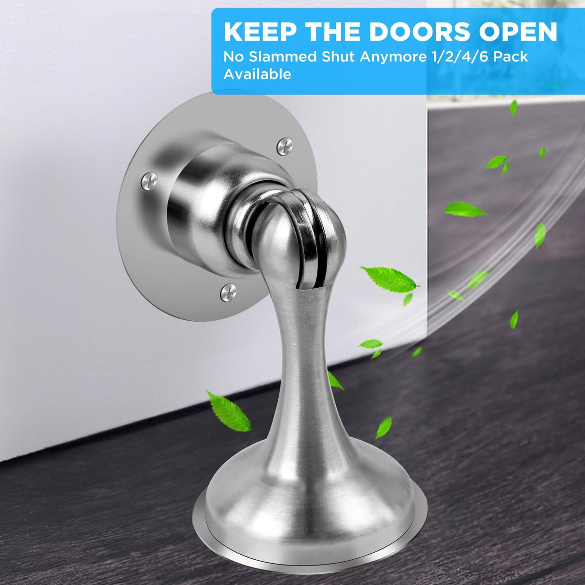 Two stainless steel magnetic door stoppers from Everything Baby, wall and floor mount, keep doors open securely.