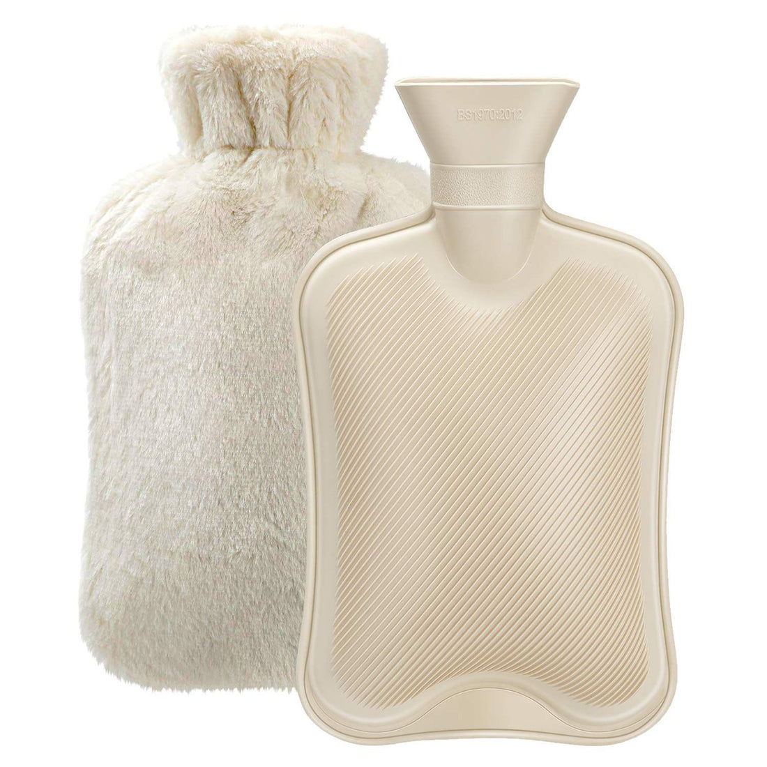 Rubber hot water bottle with soft cover, 2-liter capacity, used for pain relief and comfort for babies and kids.