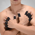 Set of 10 black summer finger sleeves for kids, elastic trigger braces and knuckle compression protectors for arthritis prevention.