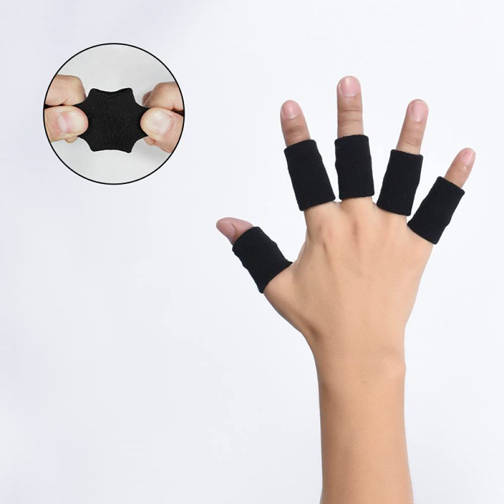 Set of 10 black summer finger sleeves for kids, elastic and breathable, designed to protect fingers and knuckles during sports.